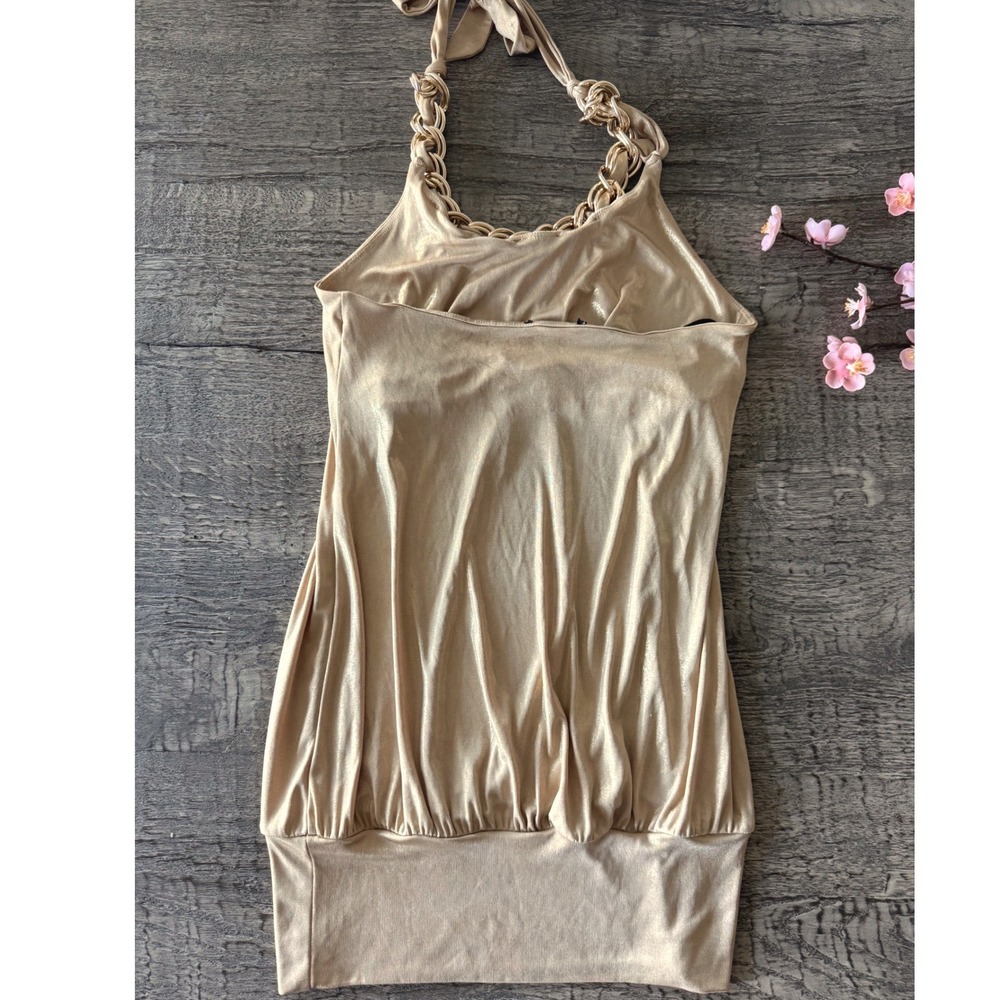 Vintage Bebe Gold Metallic Halter Mini Dress Y2K Chain Neck  S - Picture 7 of 7